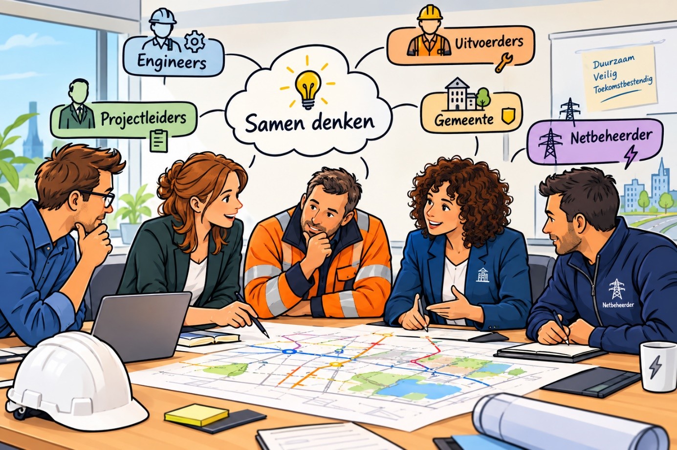 Overleg met engineers, projectleiders, uitvoerders, gemeente en netbeheerder