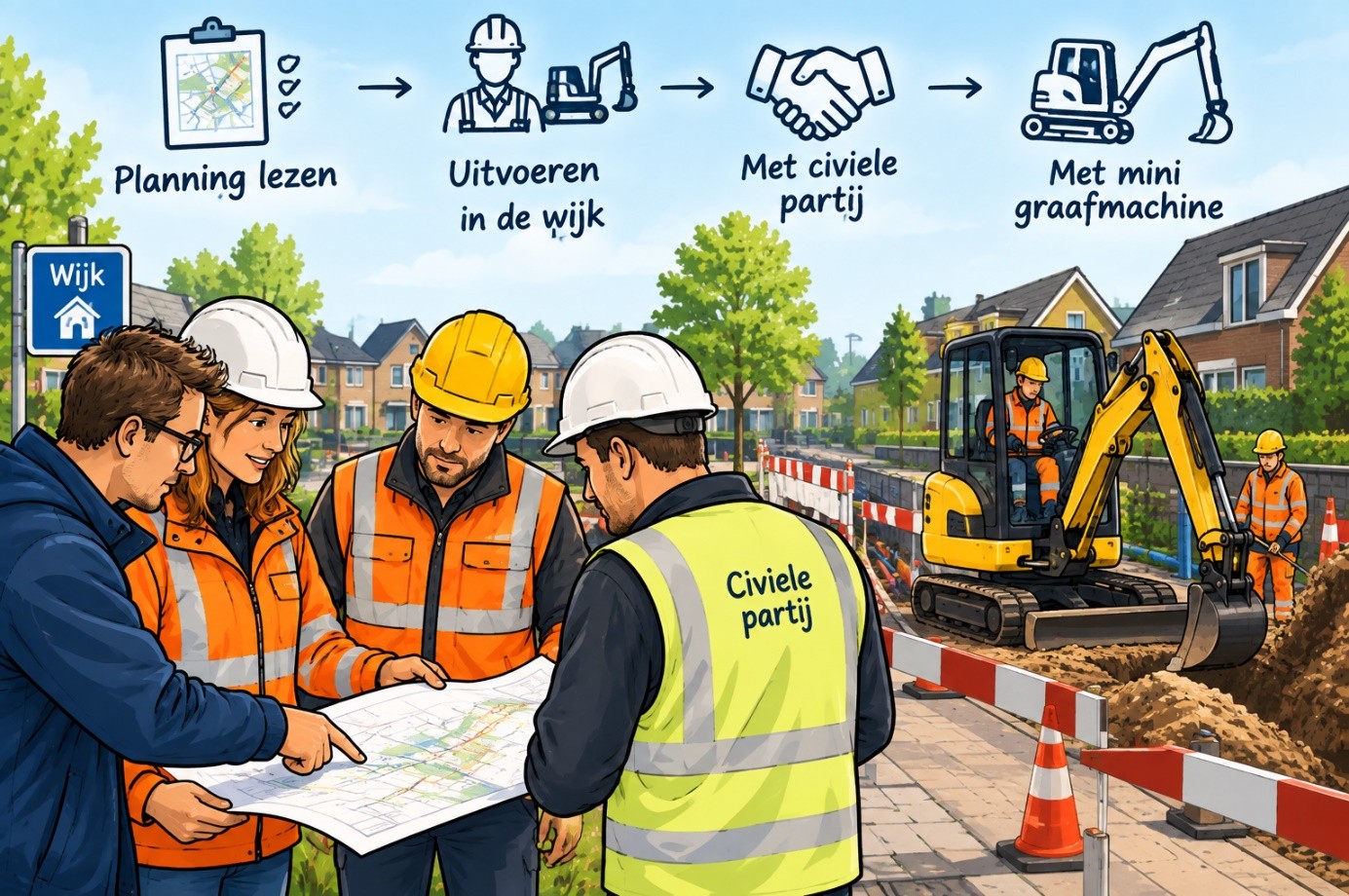 Uitvoering in de wijk met planning, civiele partner en machines